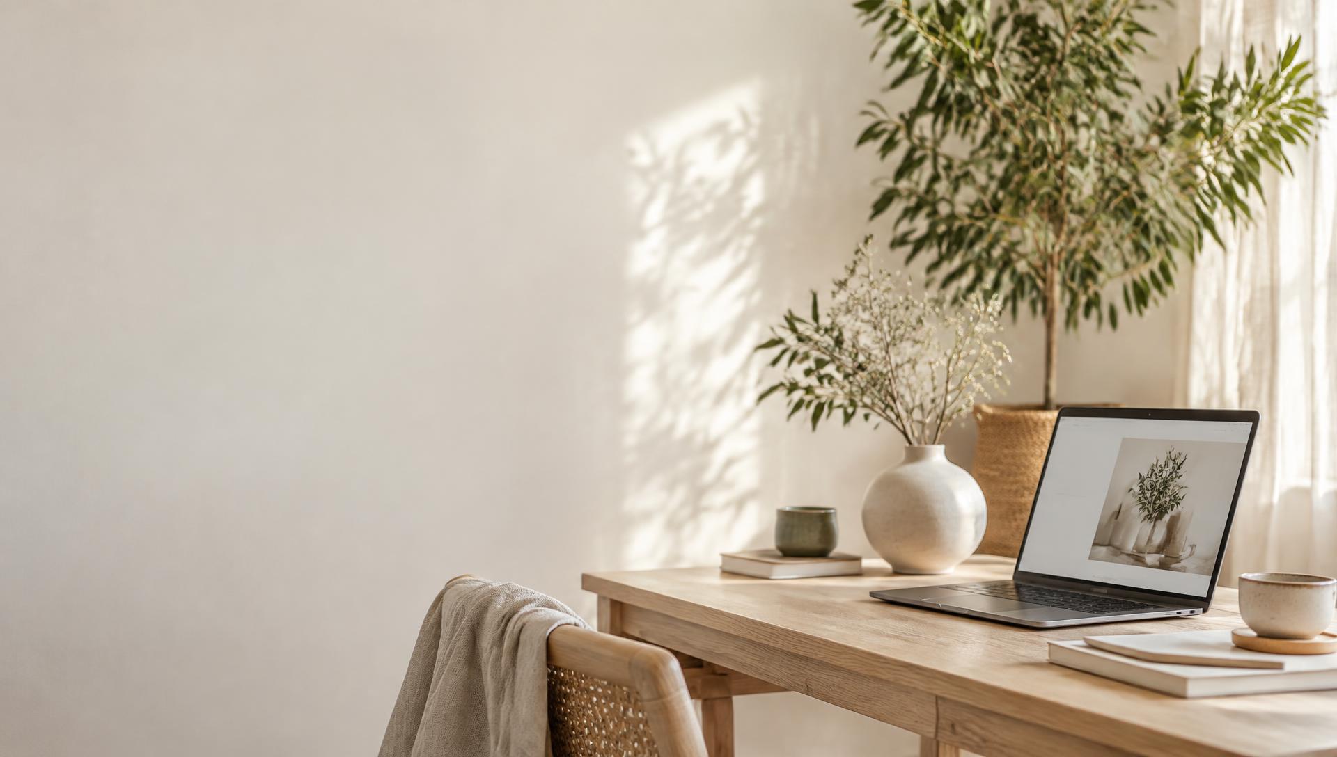 Un espace de travail lumineux et végétal, avec un site internet ouvert sur un ordinateur